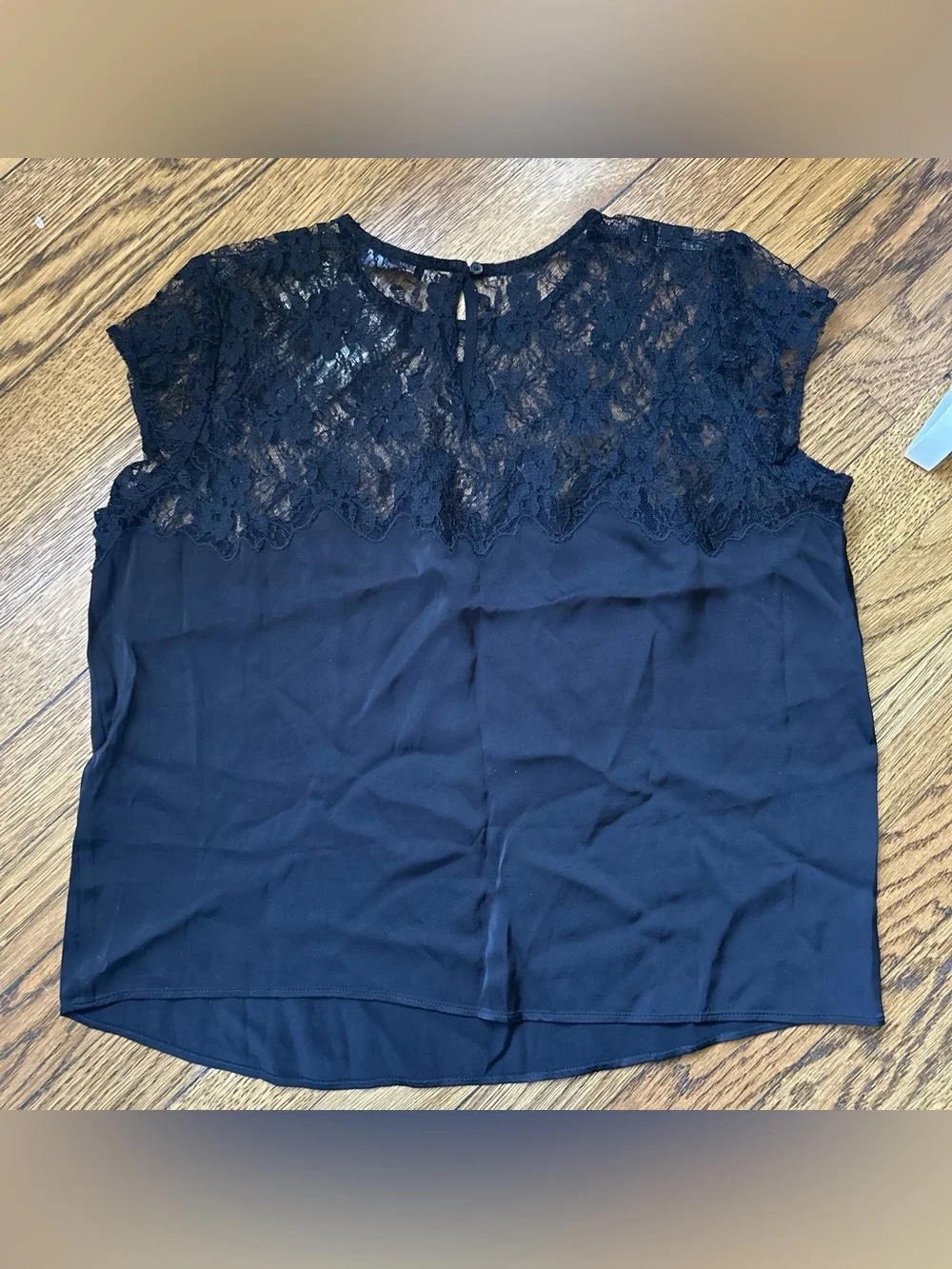 NWT J. Crew Black Satin and Lace Cap Sleeve Sleeve Top